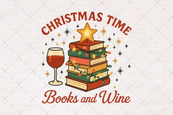 Christmas Time Books and Wine PNG for T-Shirt Designs