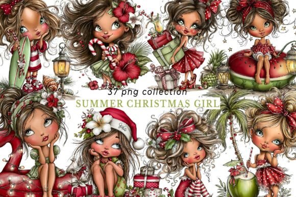 Whimsical Summer Christmas Girl Clipart & Illustrations